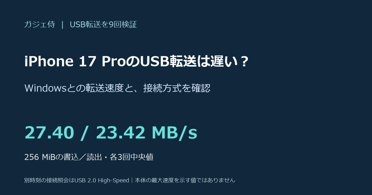 iPhone 17 ProのUSB転送実測、256 MiB書込27.40・読出23.42 MB/sの中央値