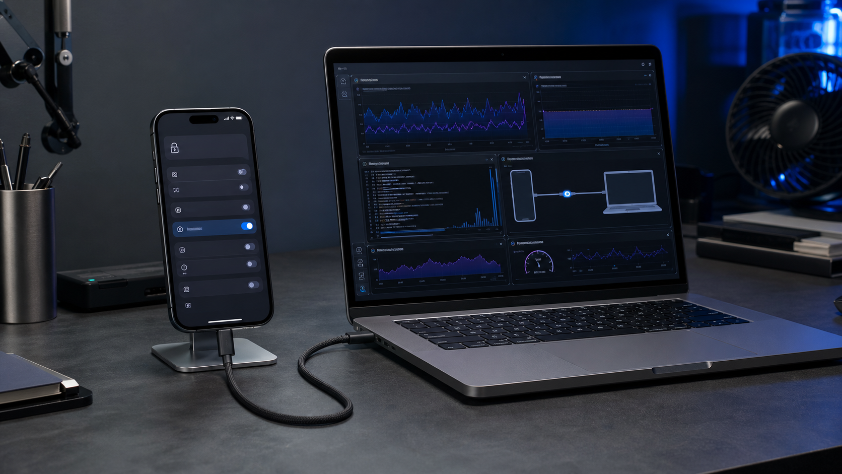 iPhone 17の開発者モードへWindows 11パソコンから接続して計測するイメージ