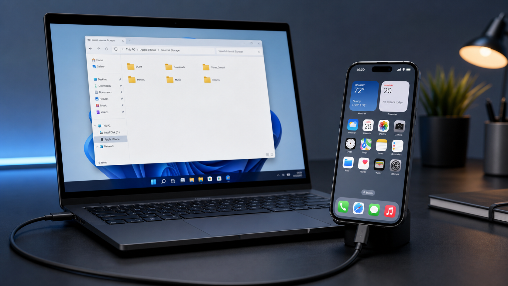 iPhone 17をUSB-CケーブルでWindows 11パソコンに接続したイメージ