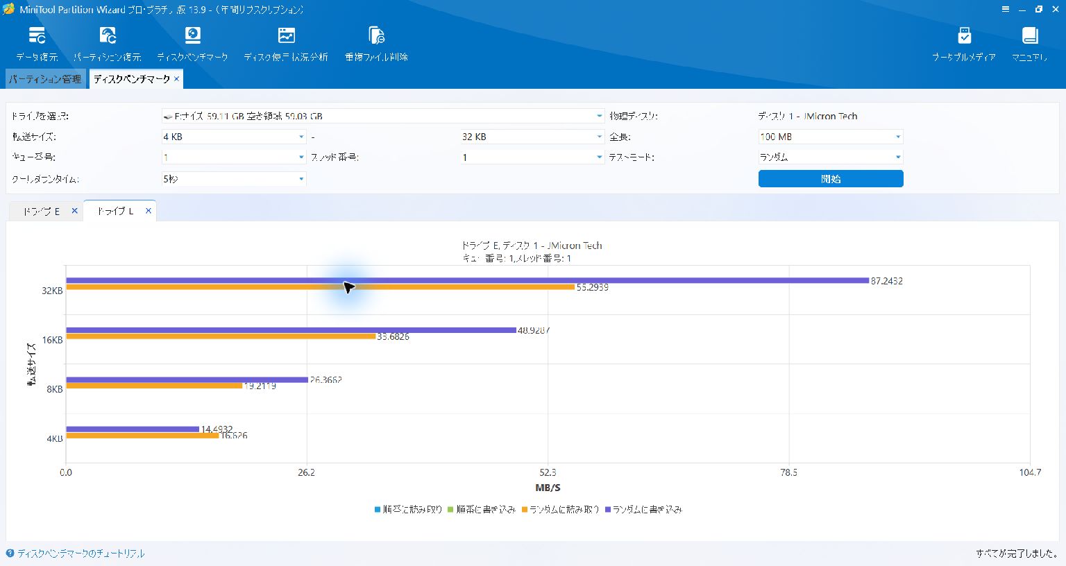 MiniTool Pro Platinum 13.9のE:ランダムアクセス測定完了。4KBで読み取り16.626、書き込み14.4932、画面の単位はMB/S