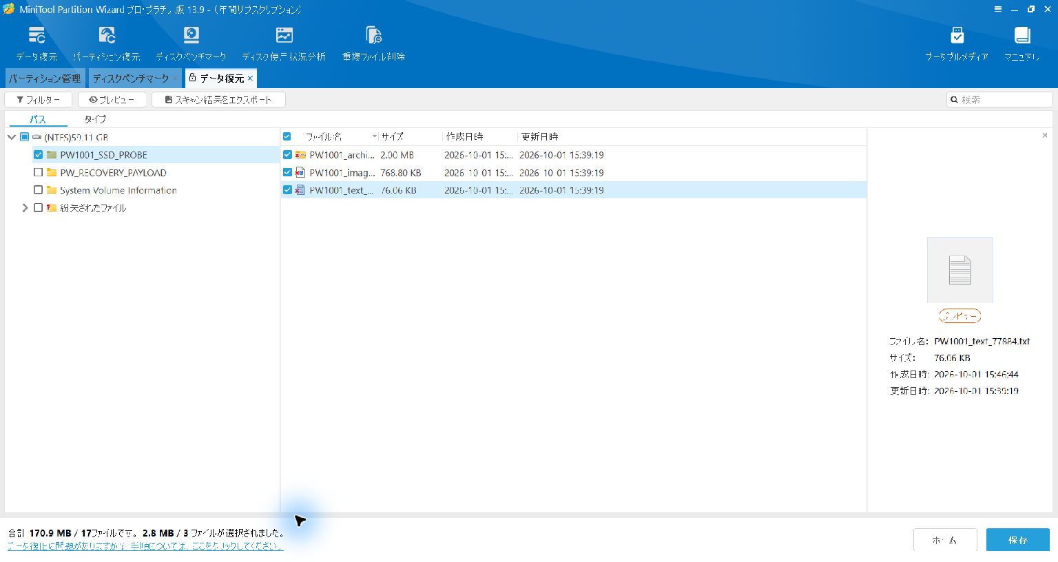 MiniTool Pro Platinum 13.9で、検証用フォルダー内の削除したTXT・PNG・ZIPの3ファイルを選択した画面