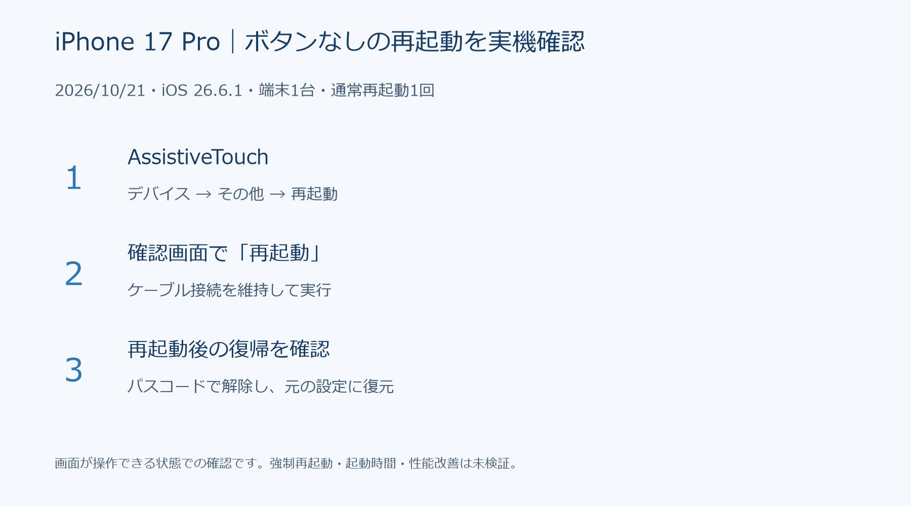 iPhone 17 ProをAssistiveTouchで通常再起動した1回の確認結果