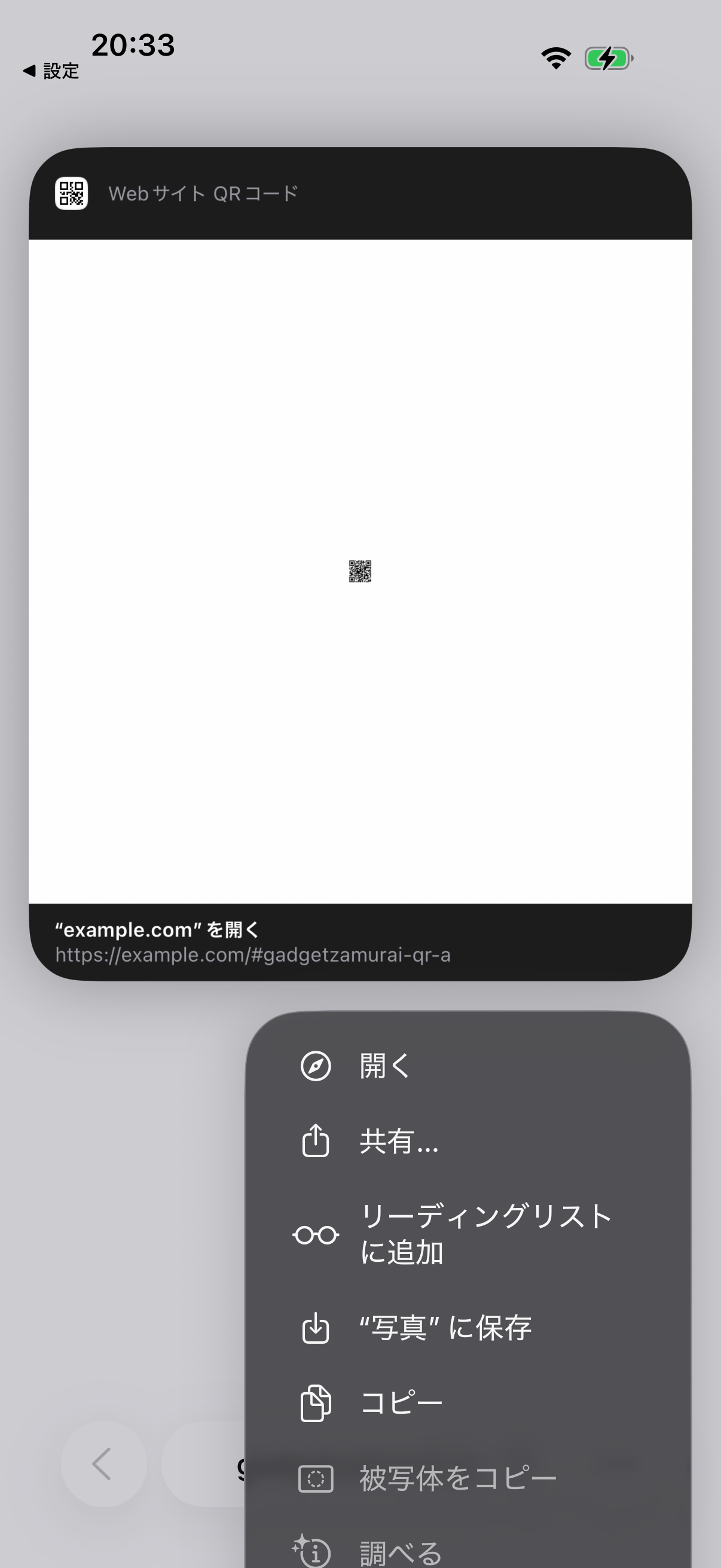 同じ小条件を長押しした原本。WebサイトQRコードとしてexample.comのURLが表示された